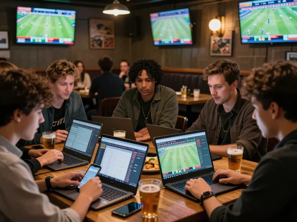 Fans actively engaging in sports betting at a lively bar, de bet options displayed on screens.
