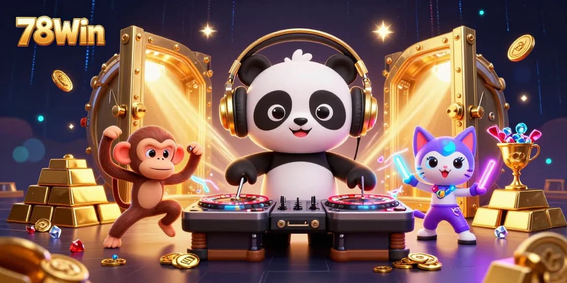 Engage with the thrilling world of 78Win as a DJ panda spins the roulette, monkey dances, and kitten glows, amidst a treasure explosion.