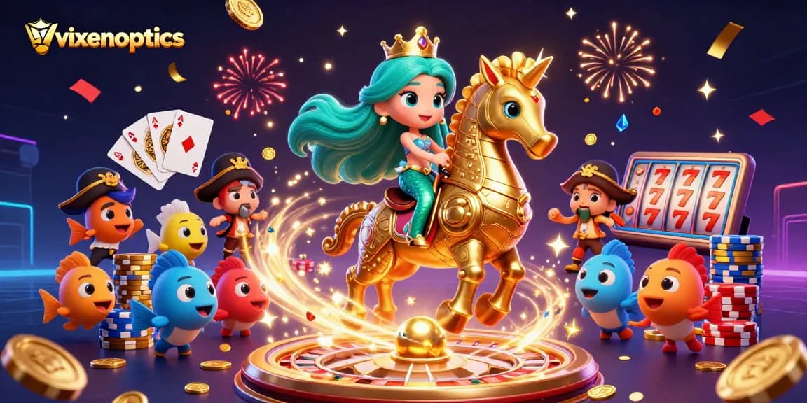 Spin to win at Vixen Optics with vibrant mermaid-themed casino illustration showcasing exciting gaming elements.