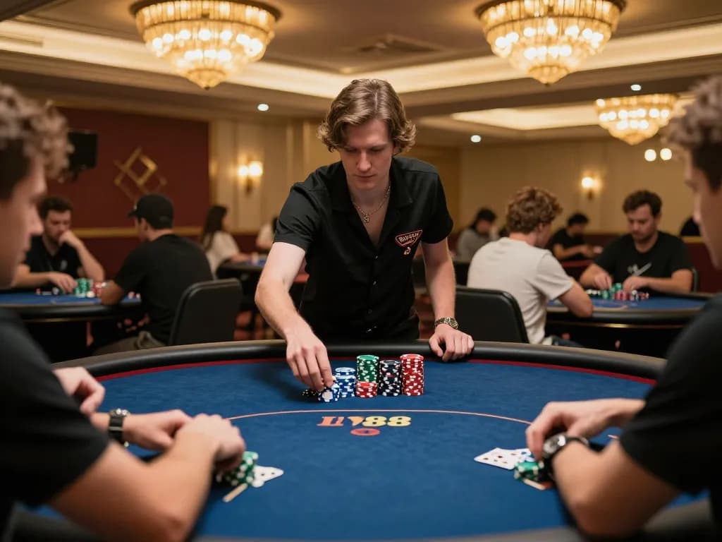Player at LV88 immerses in intense poker gameplay at a luxurious casino table
