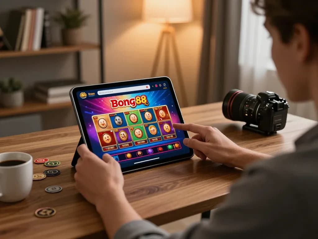 A user engages with the Bong88 app in a stylish home office, showcasing online gambling excitement.