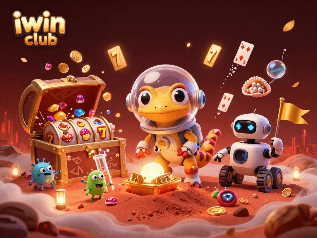 iwin club showcases vibrant slot reels and golden treasures in an engaging 3D casino scene.