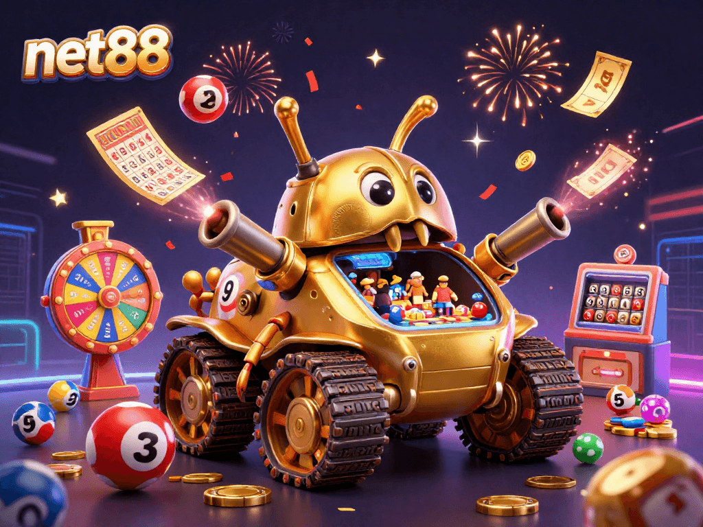 Engage with net88's thrilling gaming scene featuring colorful lottery balls and vibrant casino action.