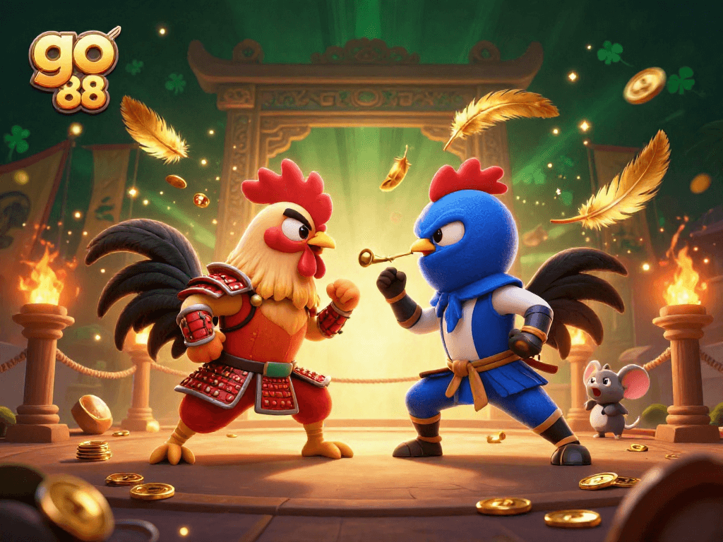 Engage in the thrill of the go 88 arena with vibrant fighting roosters in a cinematic standoff.