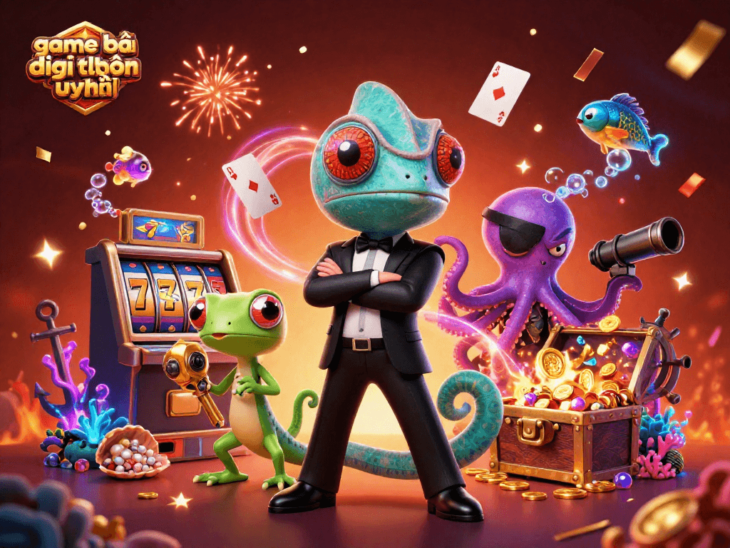 Win with game bài đổi thưởng uy tín in this vibrant casino-inspired 3D illustration featuring unique characters.