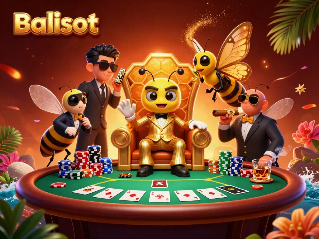 Engaging Balislot scene with a bumblebee mob boss, poker elements, and vibrant tropical decorations.