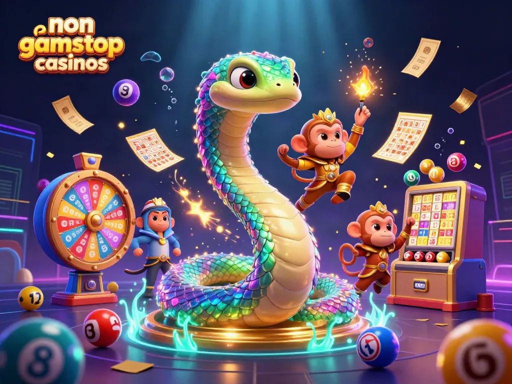 Experience thrilling non gamstop casinos with vibrant 3D illustration of colorful gaming elements and characters.
