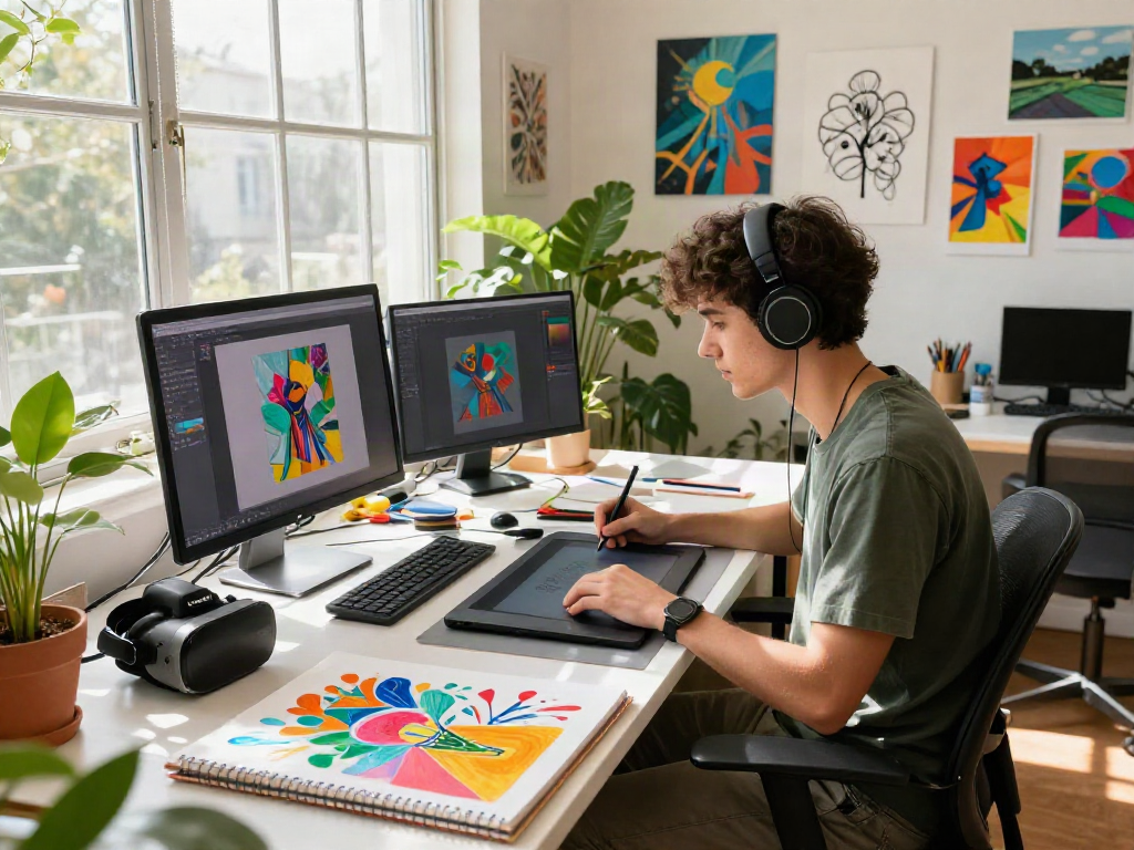 Dynamic art workspace showcasing an artist using AI tools to create colorful designs, reflecting the ai slut concept creatively.