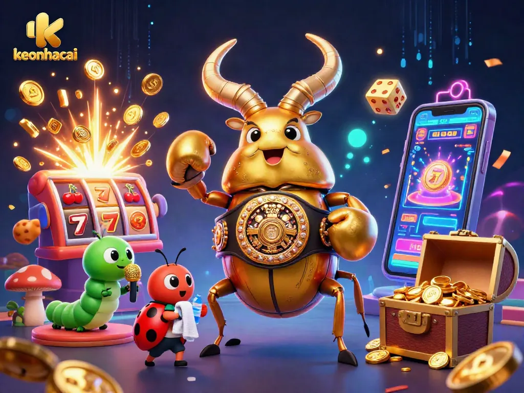 Experience thrilling action with keonhacai as a giant golden stag beetle shines in a vibrant casino scene.