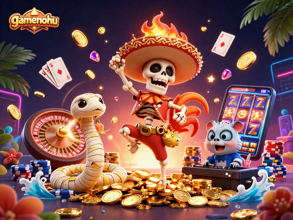 Experience gamenohu action with a vibrant, 3D casino illustration featuring exciting characters and dynamic game elements.