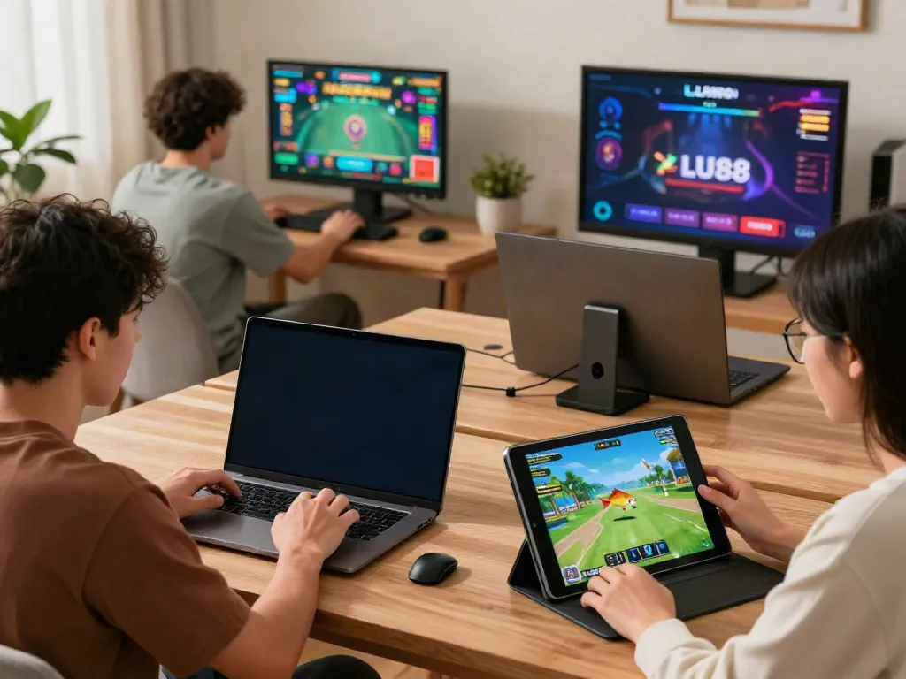 LU88 platform gamers enjoying diverse online betting experiences in a lively home setup.