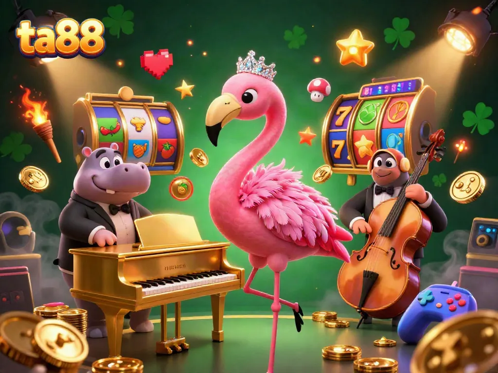 Engage with ta88's lively casino atmosphere featuring a flamingo singer, hippo bassist, and vibrant slot machines.