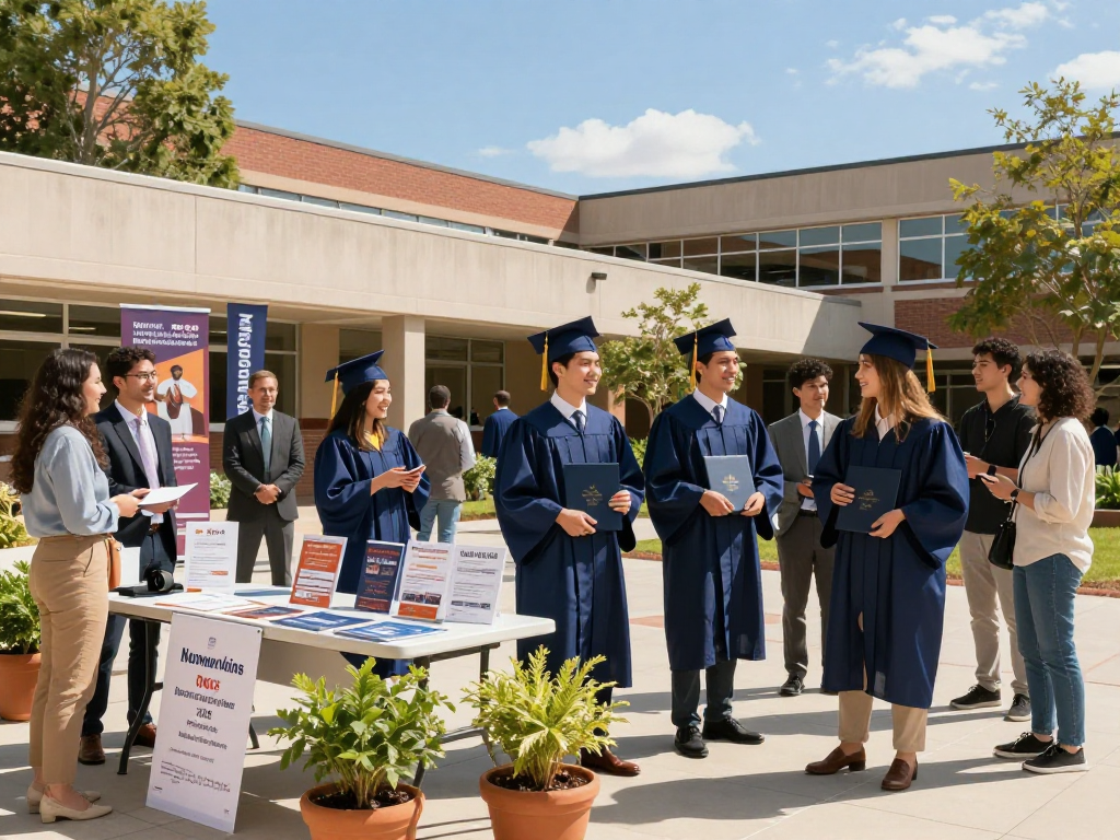 University and trade school graduates celebrating in a sunny courtyard with diplomas, engaging with local business opportunities.