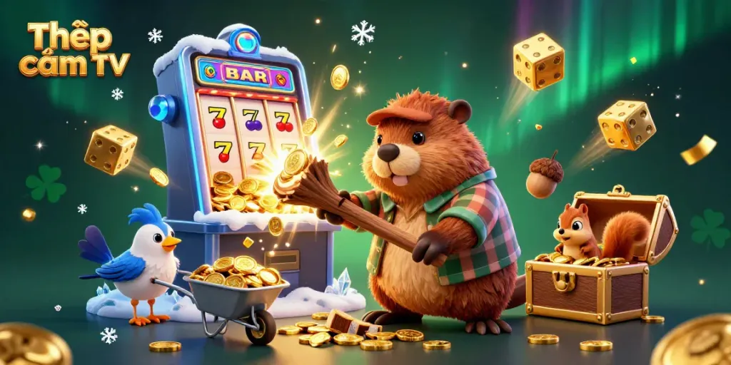 Engage in thrilling gameplay with Thập cẩm TV, featuring a vibrant casino scene of characters and slot machines.