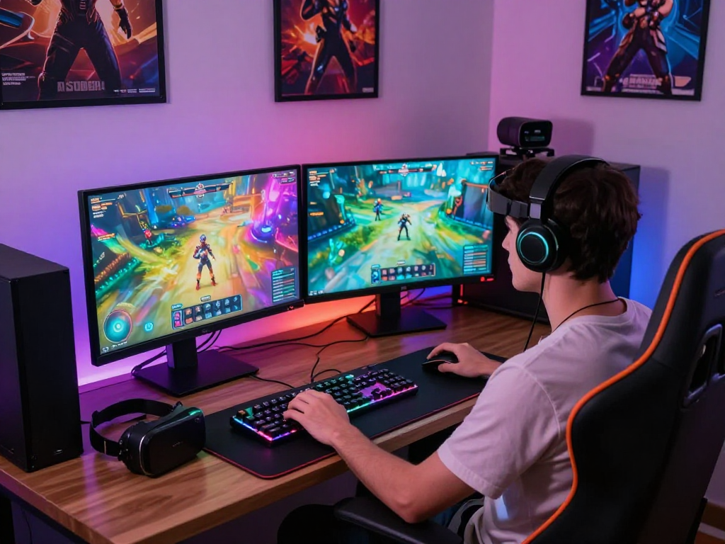 Engaged player exploring AI porn games on dual monitors with vibrant visuals.