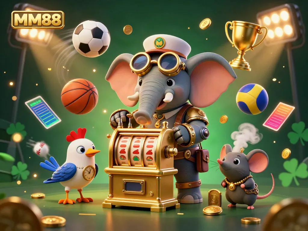 Experience exciting gaming with MM88, featuring a steampunk elephant and dynamic sports elements in a vibrant casino scene.