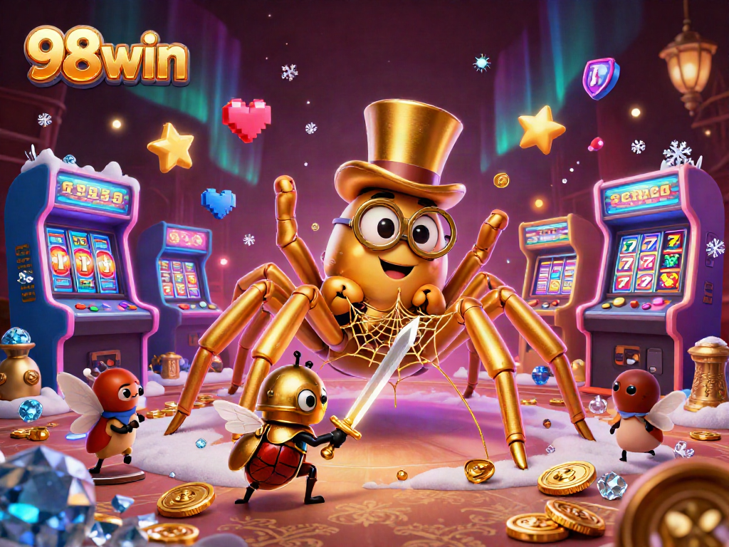 Join the excitement at 98win with a thrilling casino illustration featuring a golden tarantula and beetle knight.