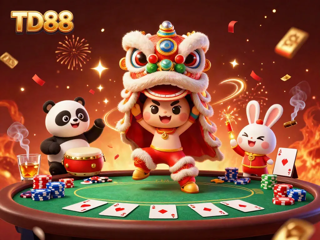 Play thrilling poker and celebrate with TD88 at an energetic casino party featuring vibrant lion dance elements.