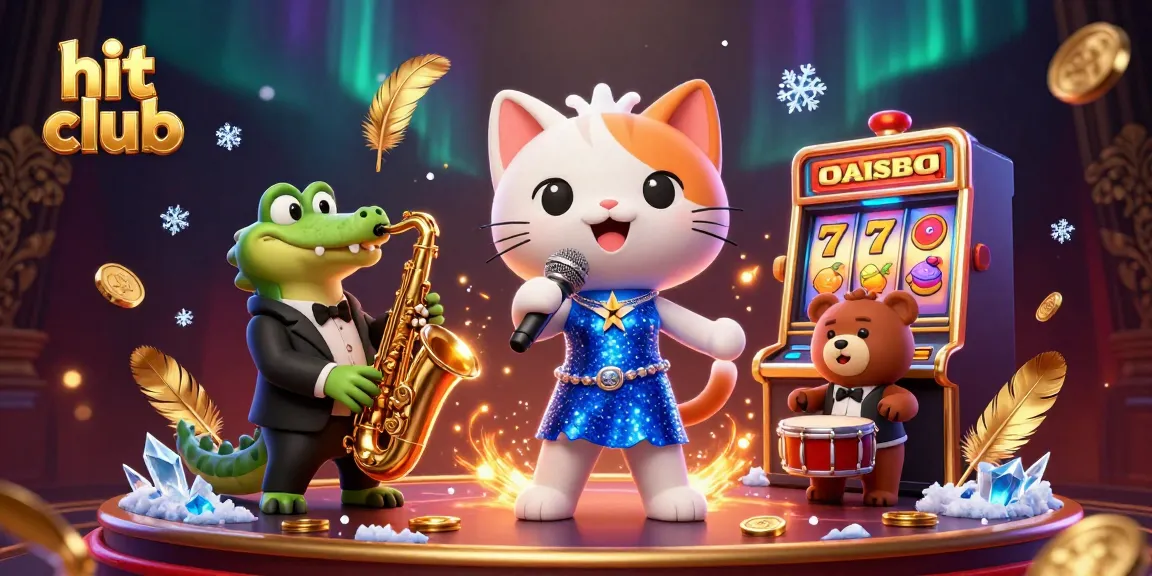 Experience the vibrant hit club with a jazzy feline, a saxophone crocodile, and a bear drummer amid casino elements.
