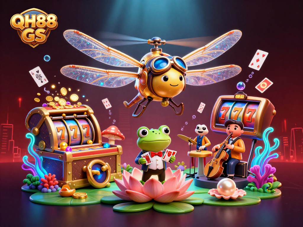 QH88 GS showcases vibrant casino scene with a dragonfly pilot, frog croupier, and slot reels.