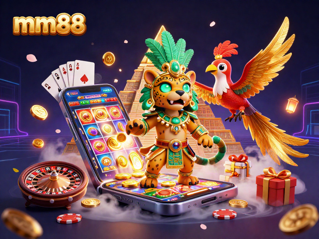 Engage with mm88 through vibrant 3D casino elements, showcasing games and excitement.