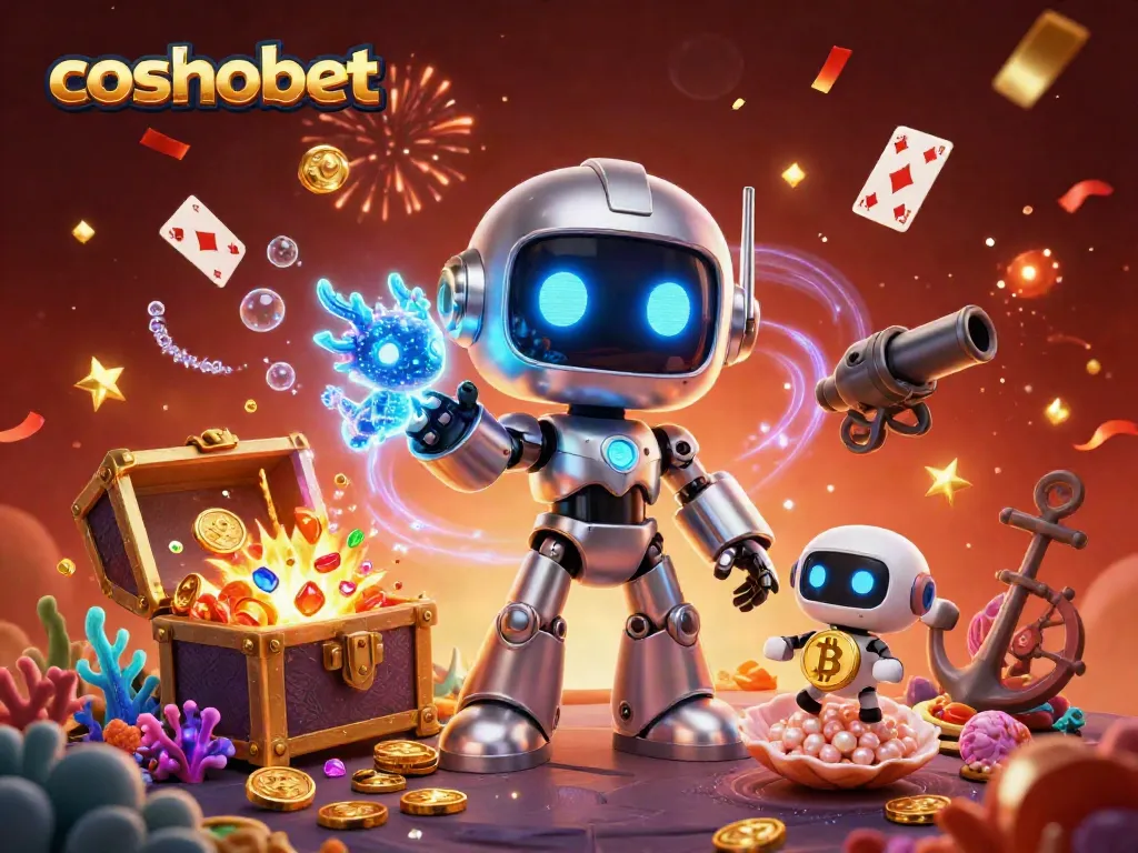 cosmobet casino game scene featuring a cyberpunk robot, holographic dragon and bitcoin drone