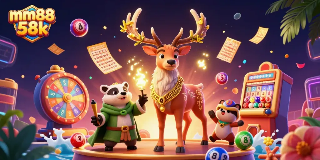 Engage in the excitement of mm88 58k as colorful lottery elements and characters animate the scene.