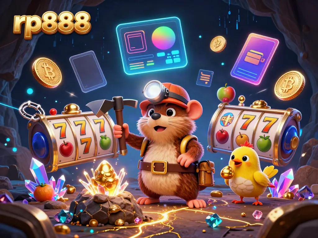 Engage with the dynamic scene of rp888 showcasing a treasure hunter mole and canary amidst vibrant slot reels and crypto elements.