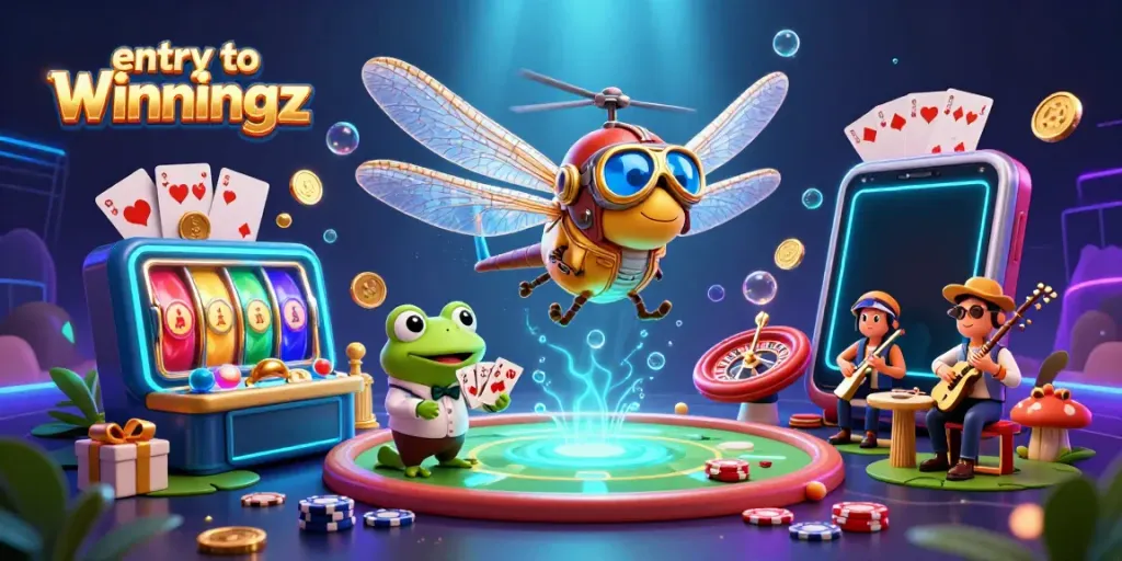 Enter the exciting world of gaming with entry to Winningz, featuring vibrant characters and casino elements.
