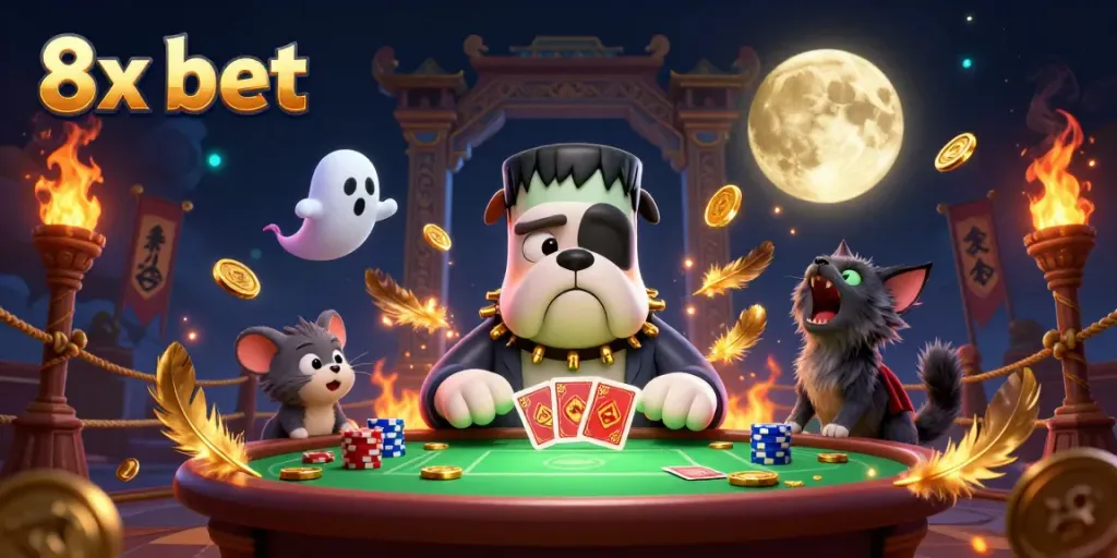 Experience thrilling gameplay with 8x bet as Frankenstein bulldog and friends gamble in a spooky casino scene.