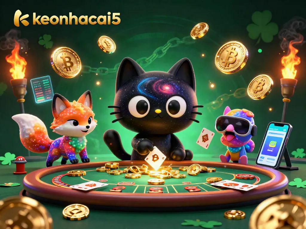 Engage with keonhacai5 at a cosmic casino table, harnessing golden chips and vibrant crypto elements.