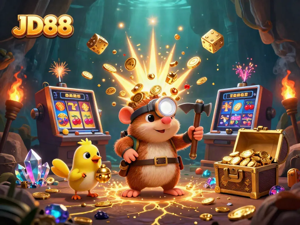 Experience thrilling wins at JD88 with vibrant slots and a treasure hunter scene.