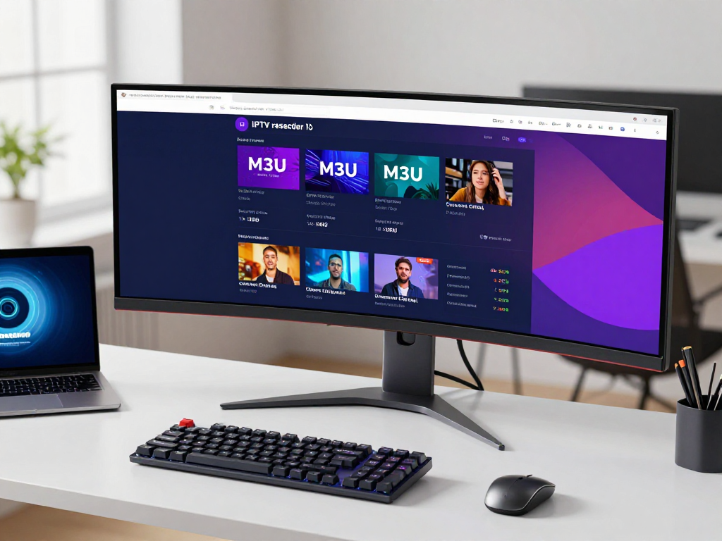 IPTV panel dashboard displaying channel management features in a modern tech workspace with advanced software.