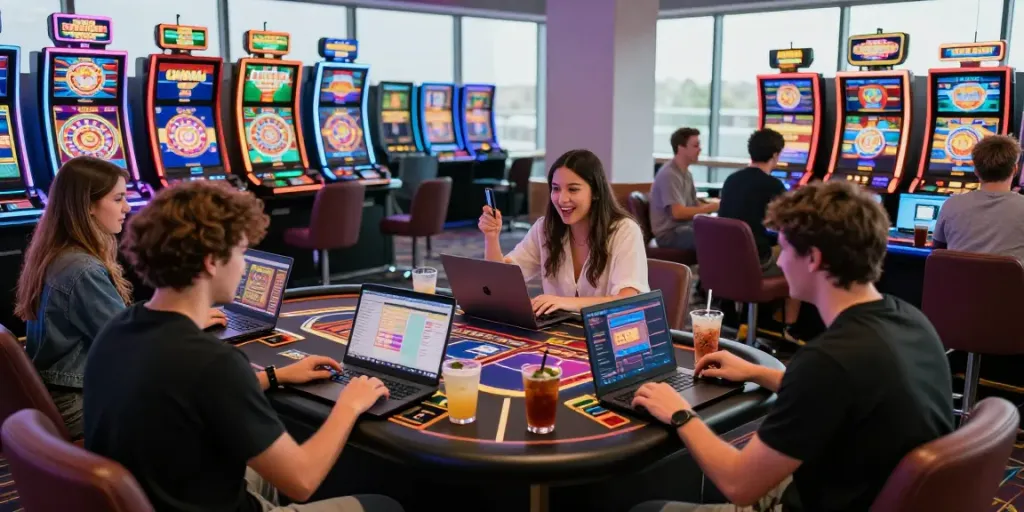 Players enjoying games in a lively casino that accepts credit cards, showcasing vibrant atmosphere.