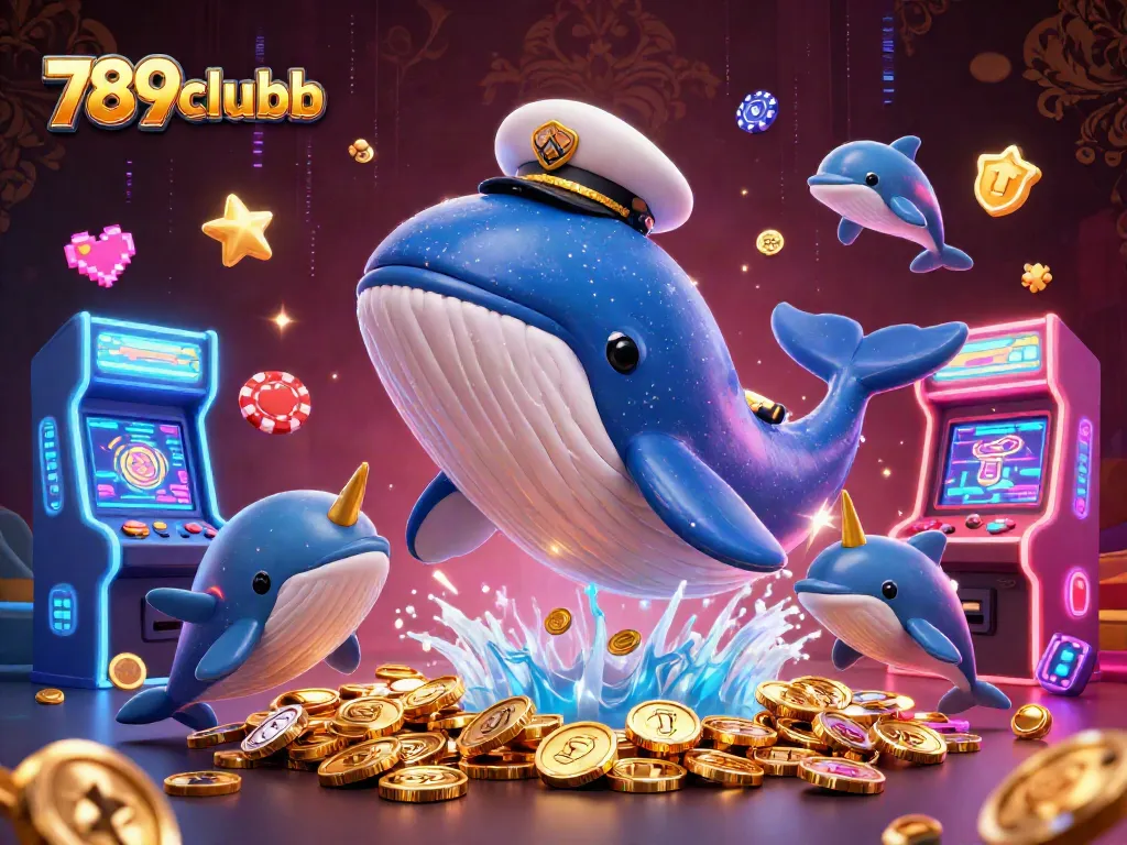 Experience the thrill of 789clubb as a cartoon whale interacts with a sea of coins and gaming elements.