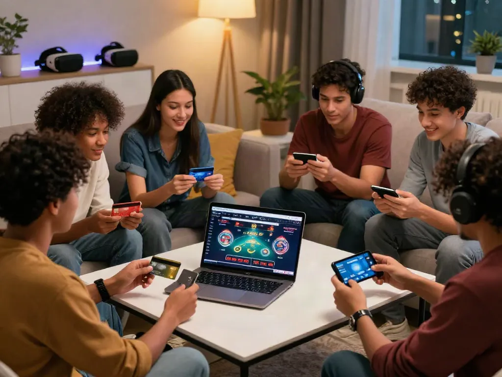 Friends enjoying a gaming session at home using online credit card casinos, showcasing different payment methods like credit cards and e-wallets.