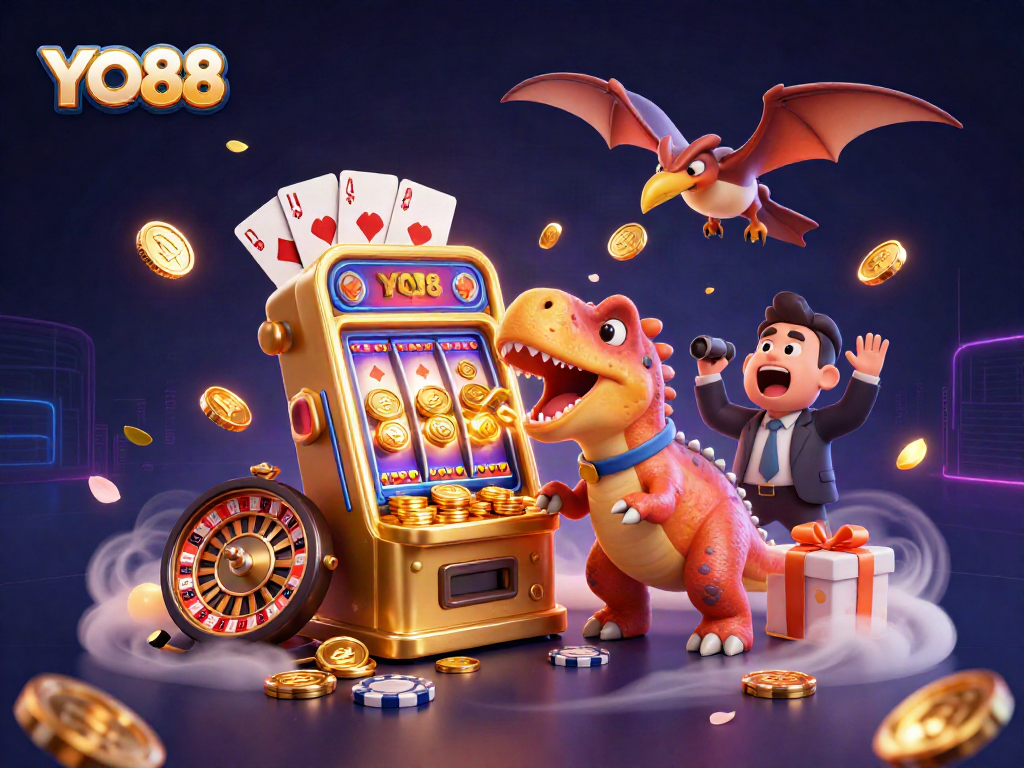 YO88 features a pachycephalosaurus winning big at a slot machine, illustrating the thrill of gambling.
