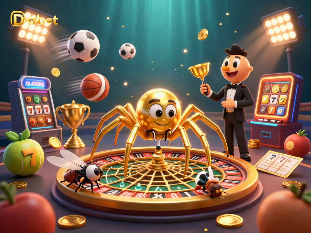 Dabet leverages a golden roulette wheel web with characters placing bets and vibrant gambling elements.