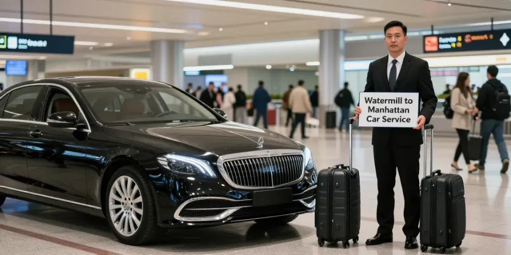 Luxury watermill to manhattan car service with professional chauffeur and sleek black sedan at airport.