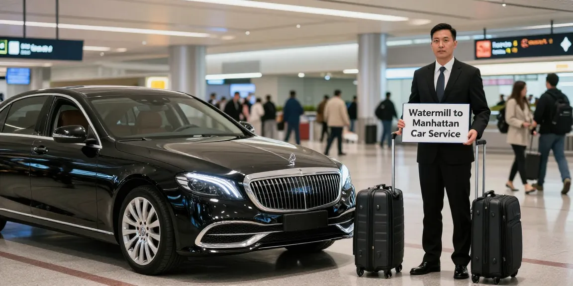 Luxury watermill to manhattan car service with professional chauffeur and sleek black sedan at airport.