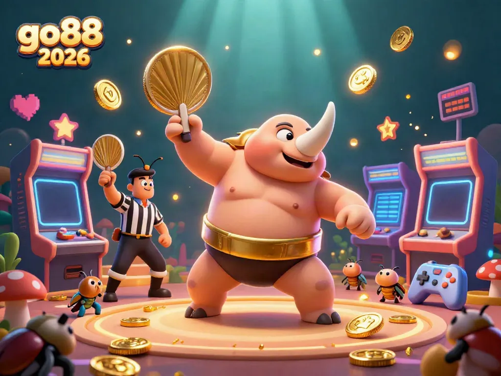 Experience go88 2026 with an engaging 3D illustration of a sumo beetle champion celebrating in a casino setting.
