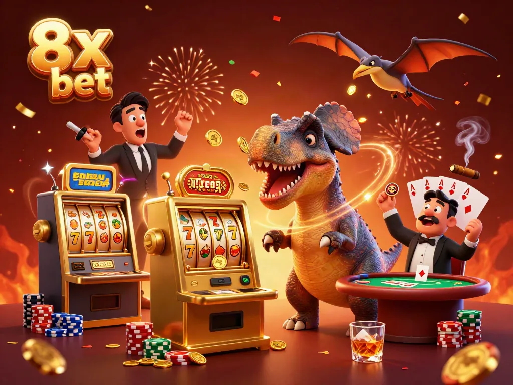 Experience a thrilling 8x bet scene with animated characters celebrating a casino jackpot win.