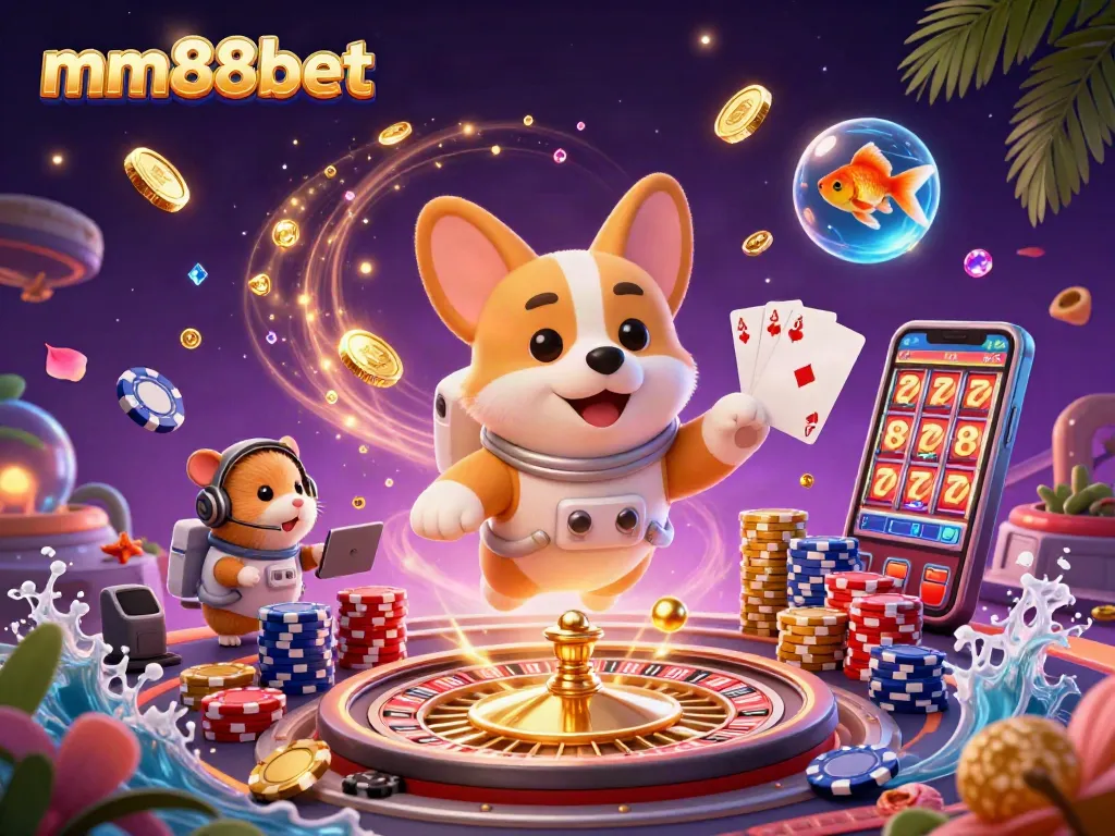 Experience mm88bet in a thrilling space casino with floating poker chips and adventurous characters.