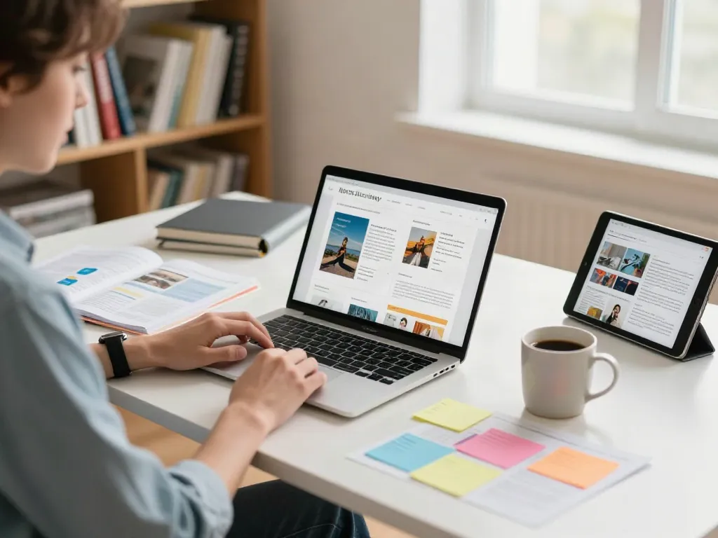 Read full article in a bright workspace, digital content being explored on a laptop with cozy ambiance.