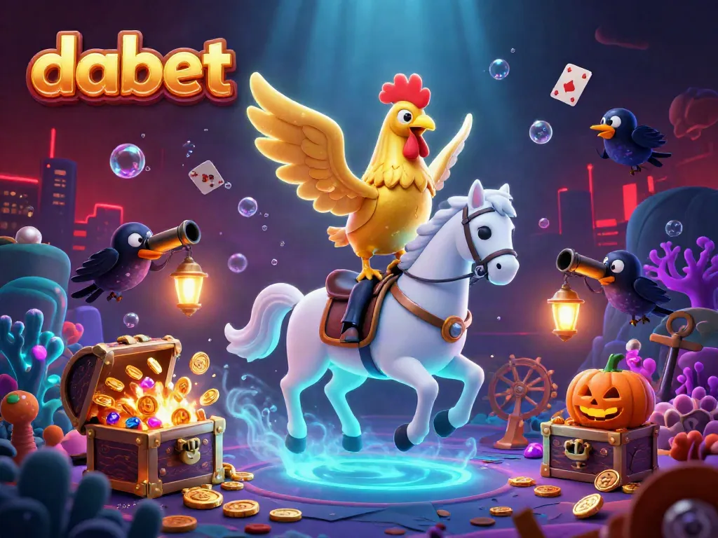 Dabet's animated 3D casino scene featuring a golden rooster and treasure-filled underwater elements.