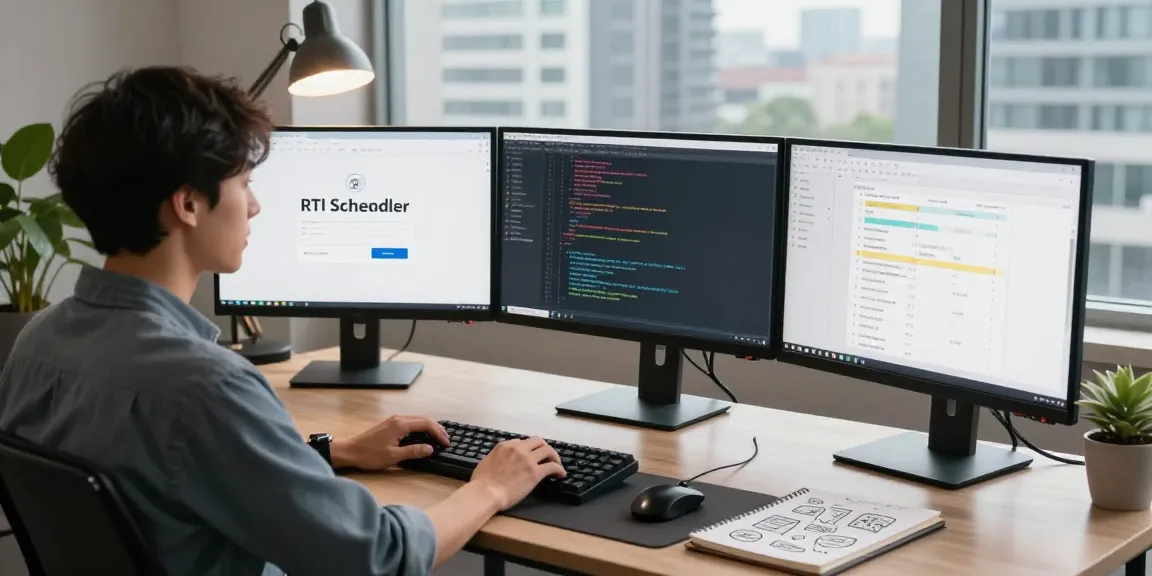 RTI Scheduler login setup with a tech professional managing tasks in a modern workspace.