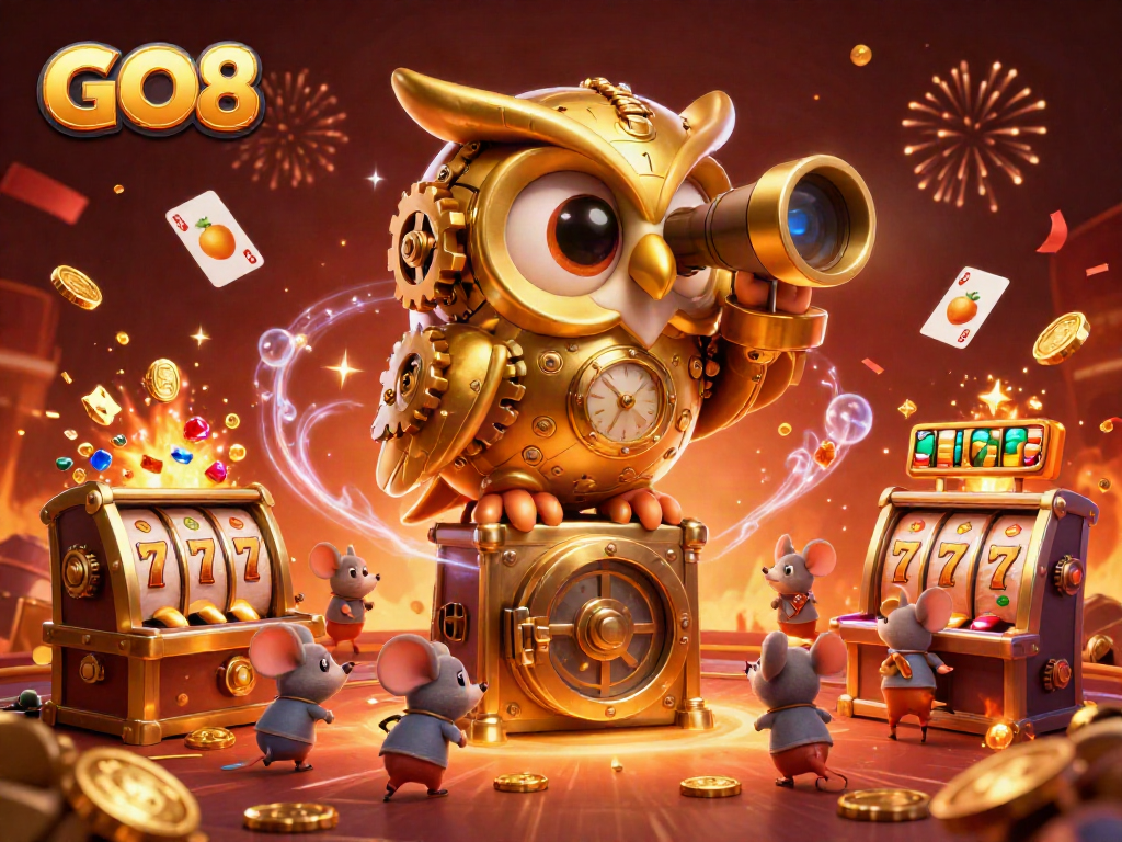 Engage in GO8 with this vibrant illustration showcasing a golden owl and lively casino scene.