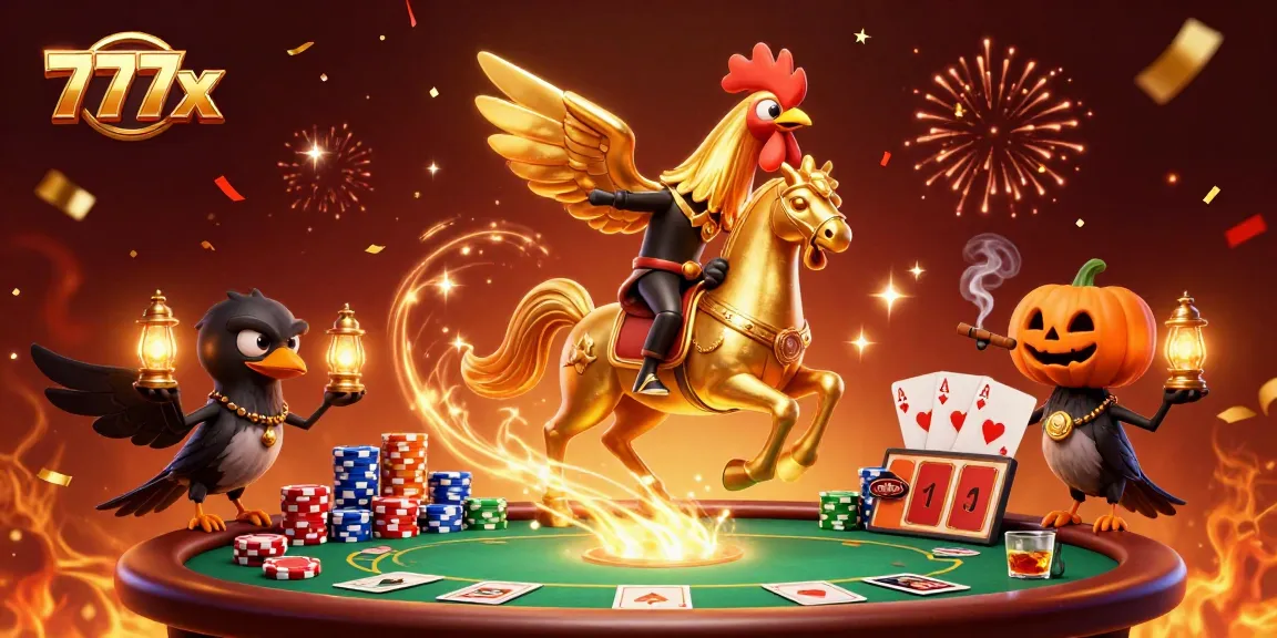Engage in intense gaming action at 777x with vibrant casino elements and a captivating golden rooster.