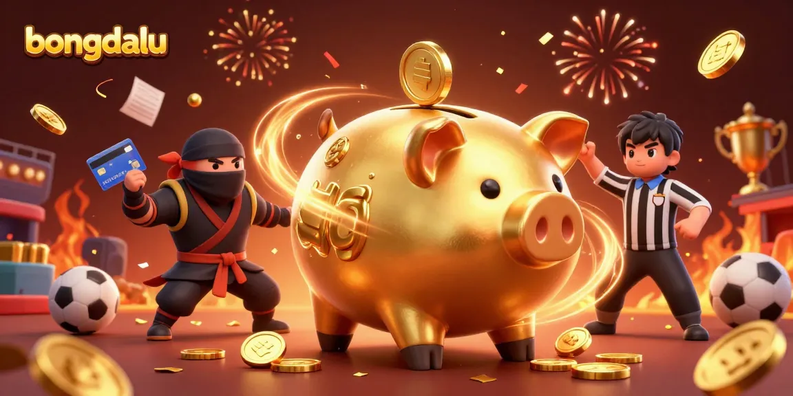 Bongdalu brings excitement with a dynamic gambling scene featuring a golden sumo piggy bank, sports elements, and vibrant celebrations.