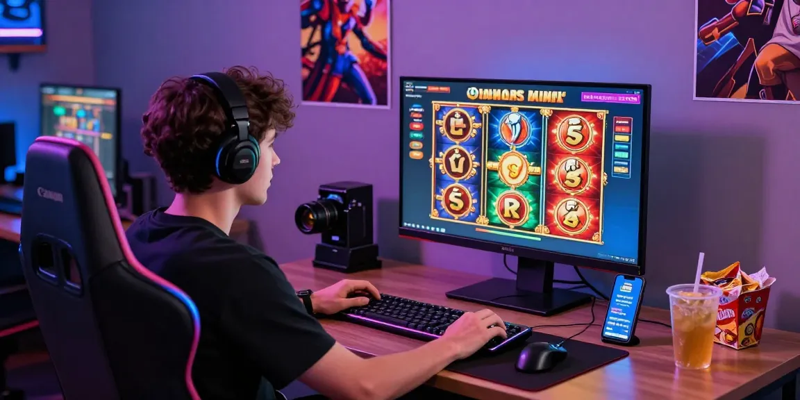 Player engaging with bonus buy slots in a vibrant gaming setup, showcasing colorful slot graphics.